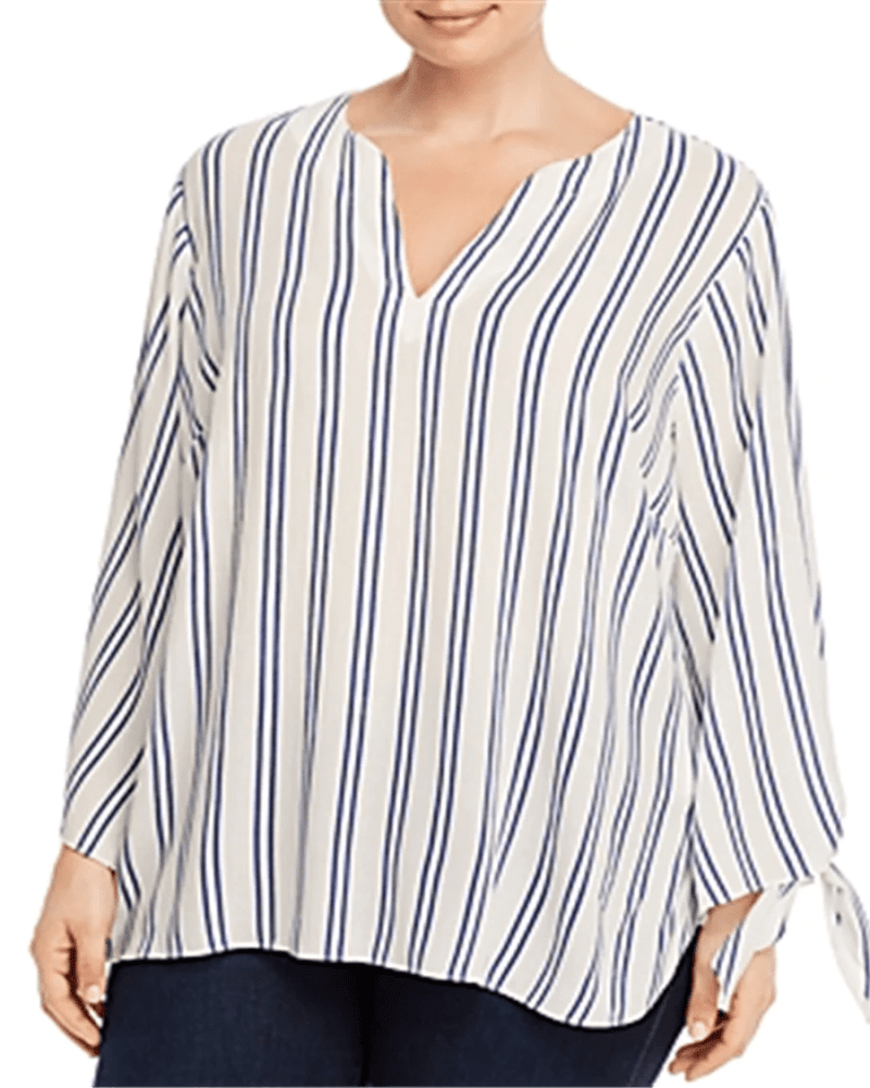 Front of a model wearing a size 0X Michael Kors Women's Twilight Plus Tie Sleeve Stripe V Neck Blouse White- Blue Size 0X in White by Michael Kors. | dia_product_style_image_id:311272